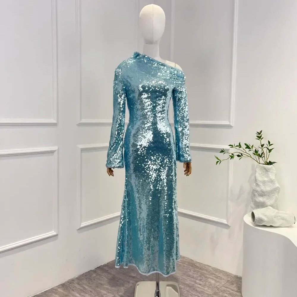 Self portrait Blue Sequin Asymmetric Midi Dress
